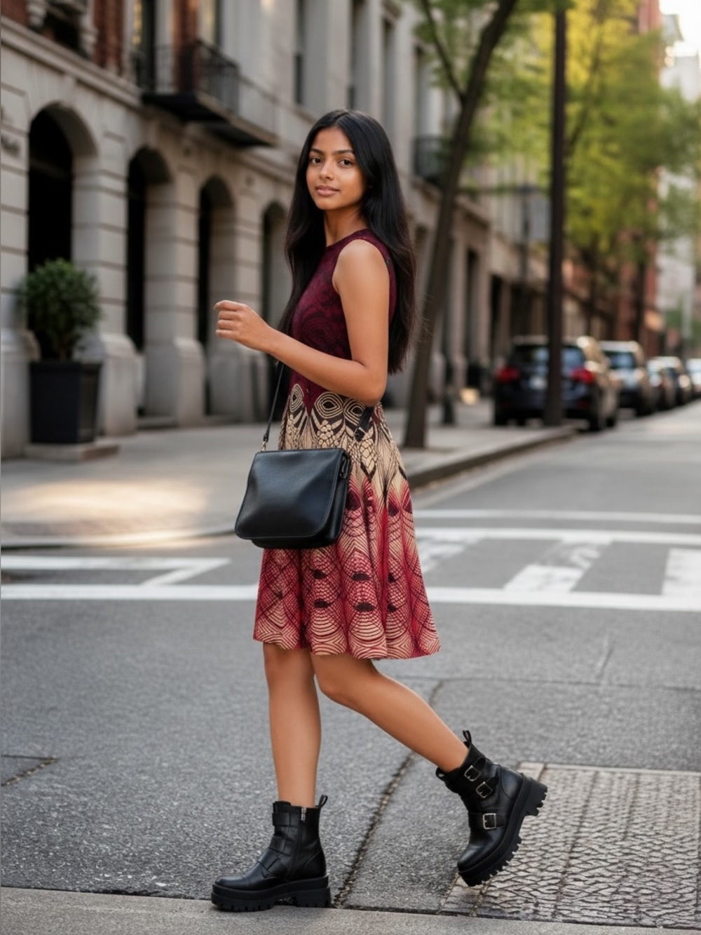 Cole Haan Burgundy and Black Patterned Fit-and-Flare Midi Dress
